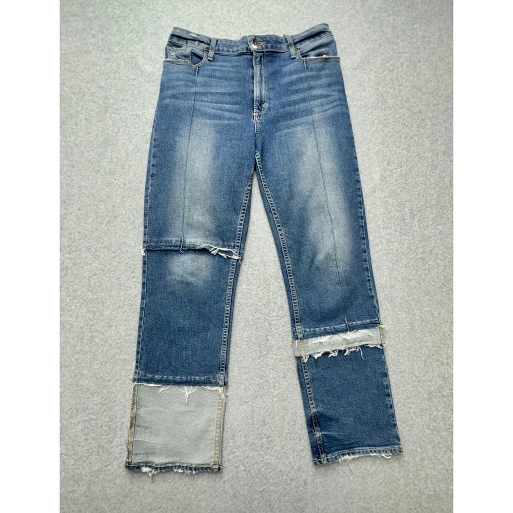 Paige Jacqueline Straight Jeans Womens 34 Blue Med Wash Mid Rise Distressed